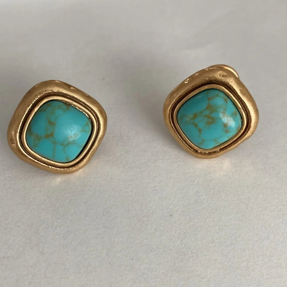 Gold and Turquoise Stud Earrings - Picture 3 of 6